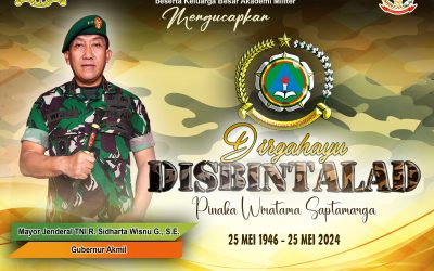 Gubernur Akademi Militer Beserta Persit Kartika Chandra Kirana PCBS Akmil dan Keluarga Besar Akademi Militer Mengucapkan Dirgahayu Disbintalad “Pinaka Wiratama Saptamarga”.